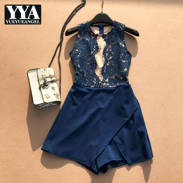 

summer women lace hollow out patchwork playsuits ladies sleeveless tank jumpsuit clubwear one piece slim fit shorts rompers, Black;white