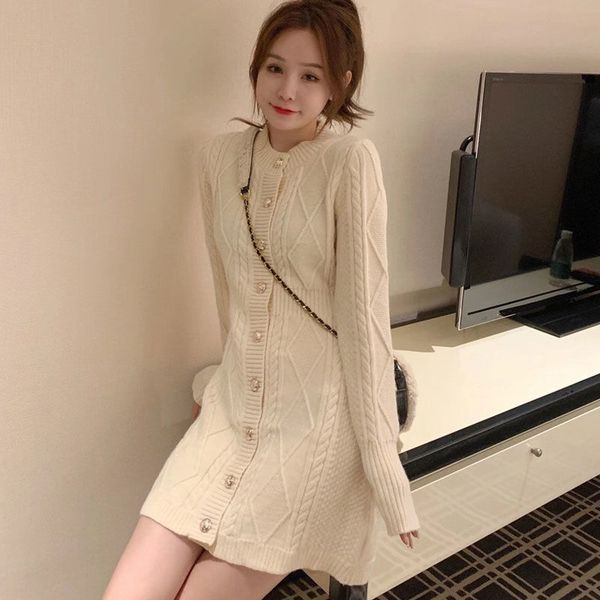 

2021 new spring elegant the neck feminine dressed in solid nightgown long sleeve knitted or crocheted dress of medium length z6ny, Black;gray