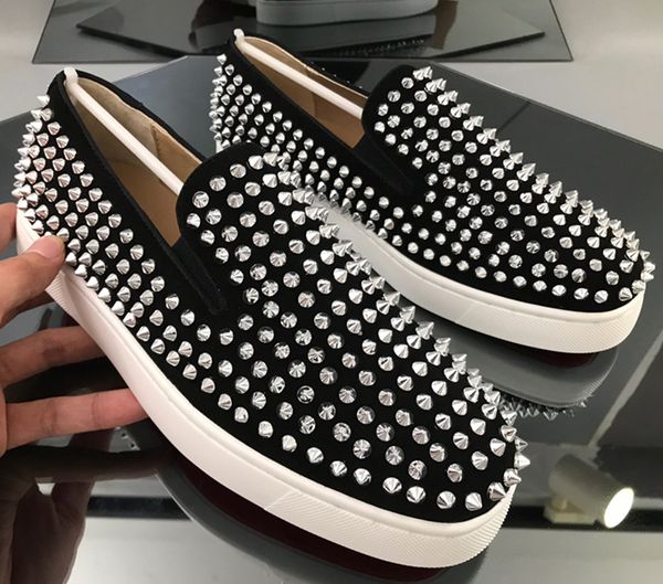 

new designer platform mens casual shoes new fashion sneakers red bottom slip-on silver spikes adorn toecap size 40-46, Black