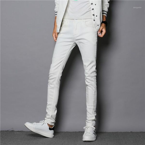

tide new men hip hop streetwear skinny white jeans fashion men slim elastic solid color classic style casual denim trousers1, Blue