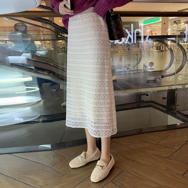 

women's spring autumn half skirt two sides commuter lace knitting solid a-line street wear black female skirt retro wave pattern