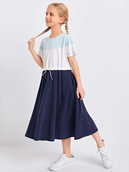 

girls drawstring waist colorblock dress she, Red;yellow