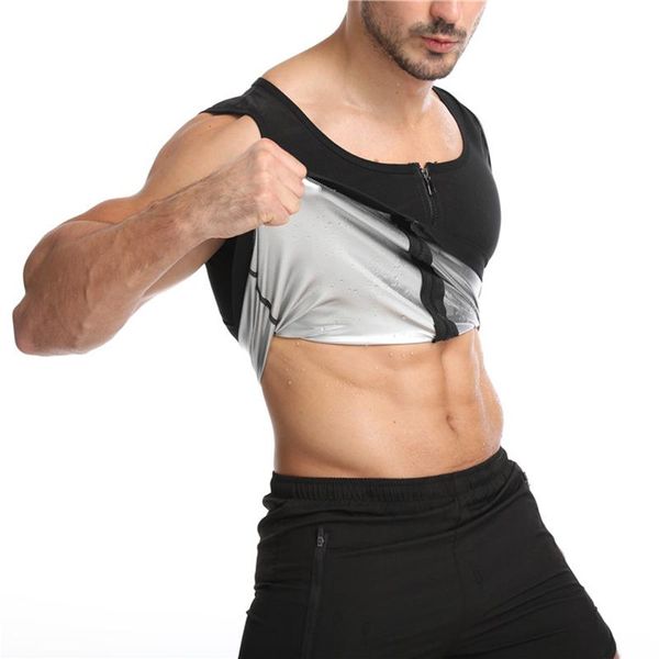 

men sweat slimming vest body shaper back correction waist trainer compression shirt loss weight underwear polymer gym sports, White;black