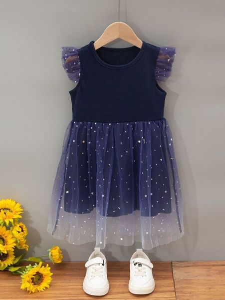 

toddler girls ruffle sleeve star mesh dress she, Red;yellow