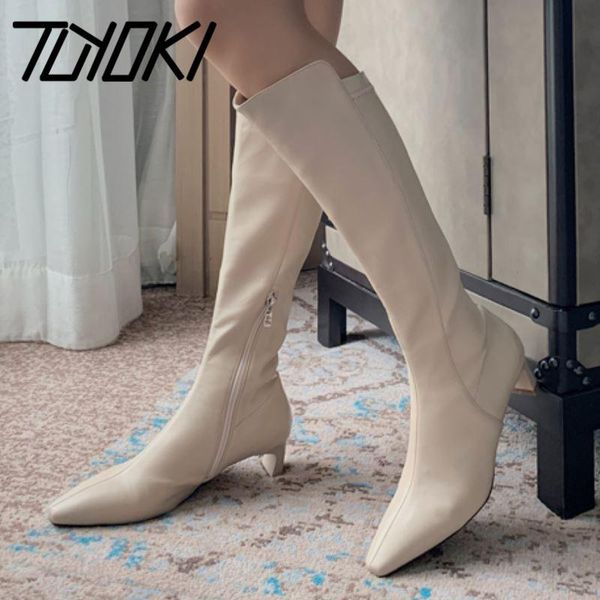 

tuyoki women knee boots thick heel pointed toe zipper shoes winter warm shoes fashion women party footwear size 33-40, Black