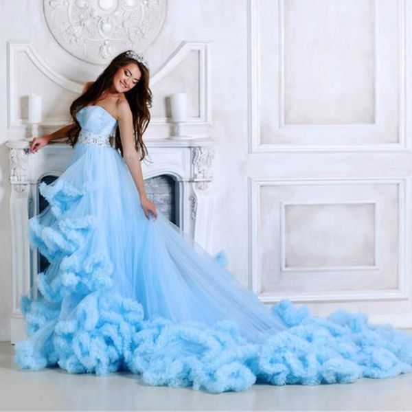 

sky blue ruffles tulle long sleeve women winter kimono pregnant party sleepwear bridal bathrobe evening party wear, White