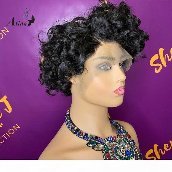 

pre plucked 13x4 lace front human hair wig pixie cut bleach knots loose deep wave wig for black women 250 density atina, Black;brown