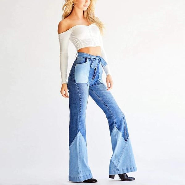 

vertvie джинсы женские push up flare тонкий джинсовые брюки vintage повседневный высокой талией жан пант лоскутная эластичный широкий ноги д, Black;blue