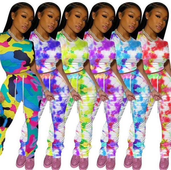 

women two piece outfits summer tie dyed designer clothes 2pcs clothing sets womens designer tshirts stacked leggings pants suits, White