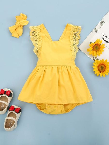 

baby girl contrast lace combo bodysuit dress & headband she, Red;yellow