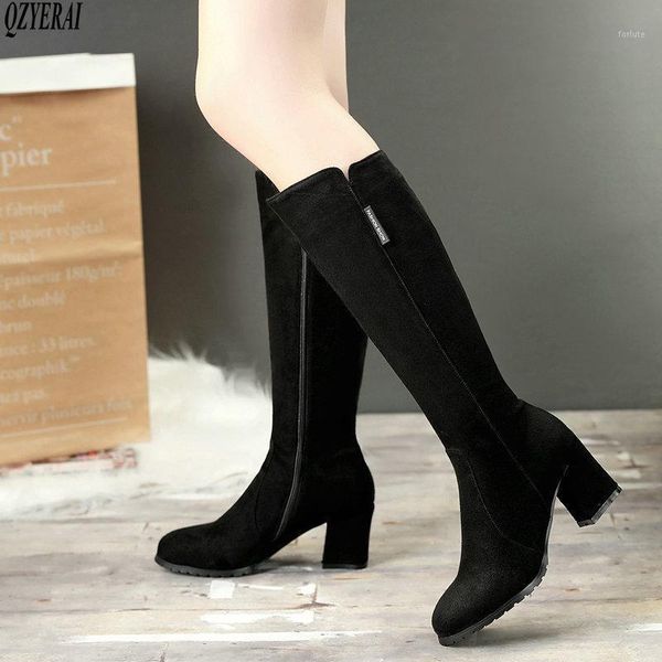 

women flock knee high boots square high heel fashion platform boots crystal zipper autumn winter female shoes 2020 new1, Black