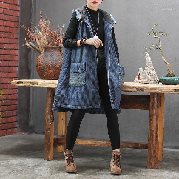 

quilted denim vests women hooded pockets zipper striped casual fashion coats female open sticth wild1, Black;white