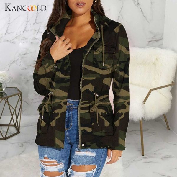 

kancoold jacket women's long sleeve camouflage bomber fall casual coat military zipper tooling wind jacket hat drawstring jacket t20030, Black;brown