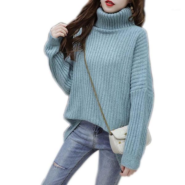 

2020 spring autumn warm women sweater high collar loose solid color korean version knitted womens sweater femme solid g1511, White;black