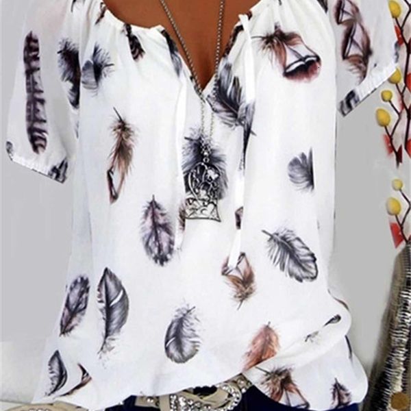 

oversized women's 2020 summer new casual loose feather printed v-neck short sleeve shirt, White;black