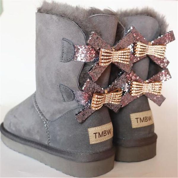 

2020 fashion two bows real sheepskin women's winter woman snow boots mid calf genuine sheepskin women boots women shoes, Black
