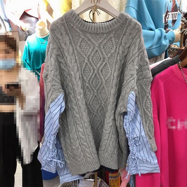 

superaen 2020 осень и зима новый лоскутная нашивки сыпучие o шея twist bf сгущение свитера для женщин, White;black