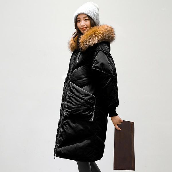 

down jacket hooded, korean parka, winter for women, with raccoon fur collar, long coat, loose parkas,1, Black