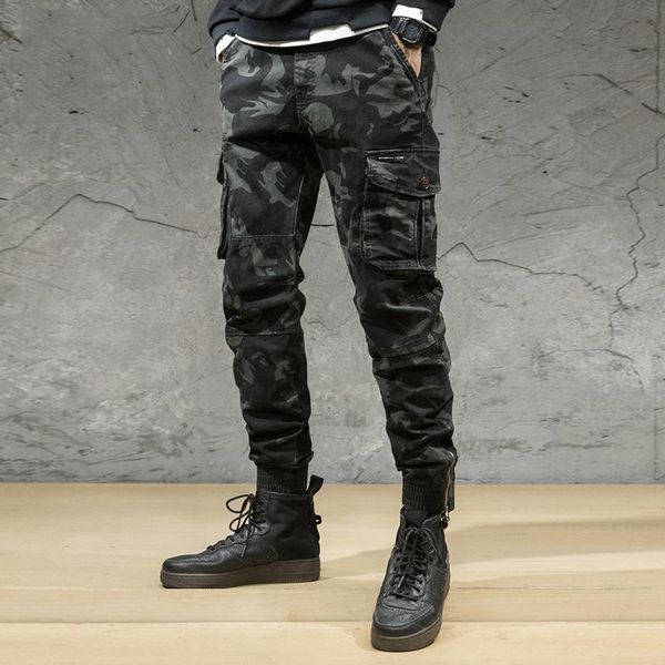 

newly designer fashion men jeans camouflage wide leg trousers big pocket casual cargo pants streetwear hip hop joggers, Blue