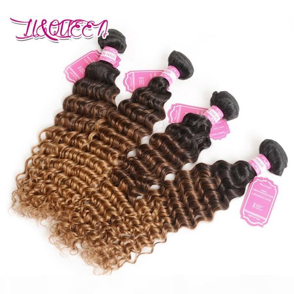 

brazilian virgin human hair extensions 3 tones 1b 4 27 ombre hair deep wave 4 bundles li&queen ombre deep curly 1b 4 27, Black;brown