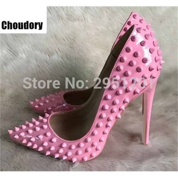 

pointed toe high heels women pumps shoes patent rivets studded spring stiletto pumps brand wedding shoes big size 35-42 y200702, Black