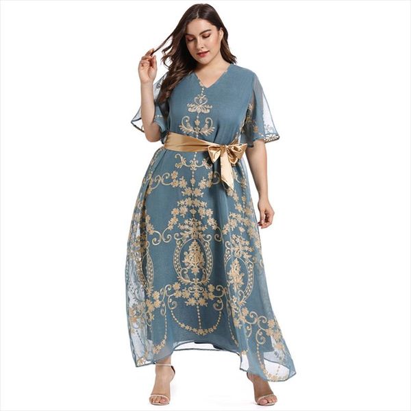 

2021 abaya long summer womens dresses large plus size fashion casual golden embroidery mesh casual irregular sashes maxi dress, Black;gray