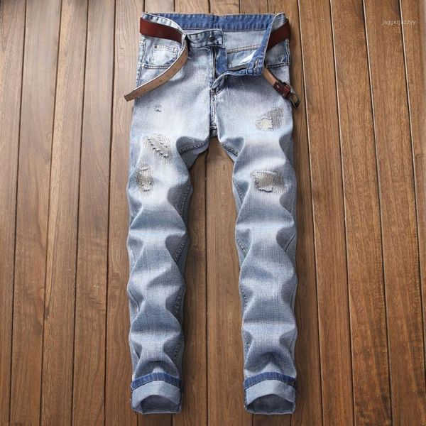 

men's jeans 2021 men fashion hole denim embroidered trouser vintage male distressed slim biker men's pants plus size 421, Blue