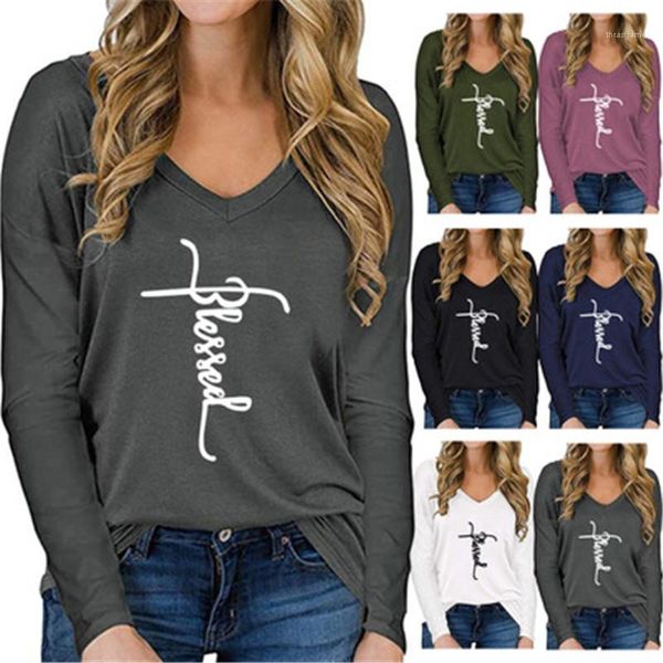 

occident trend v neck long sleeve casual clothing designer spring new female loose tshirts women letter t-shirts fashion, White