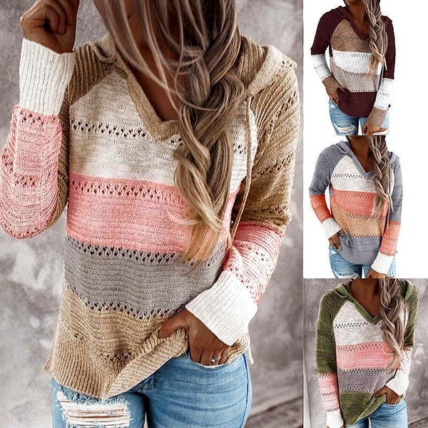 

original popular cross border womens 2021 autumn and winter contrasting color stitching hooded long sleeve knitwear women, White;black