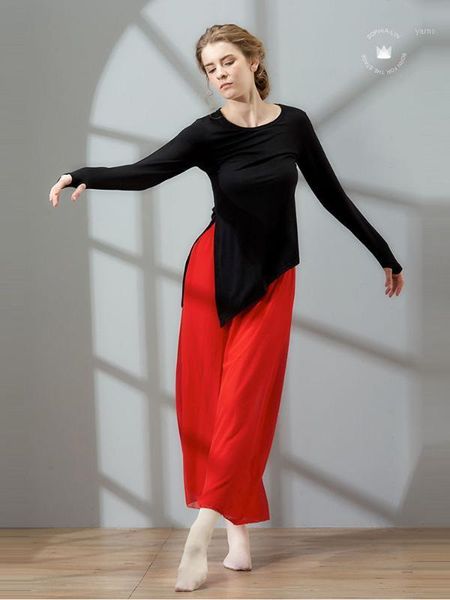 

women modern dance classical soft breathable dance sets and wide leg pants body suits1, Black;red