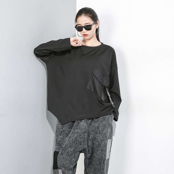 

splicing new autumn 2019 solid color pullover t-shirt fashion long sleeve irregular dign 19-9139, Black;gray
