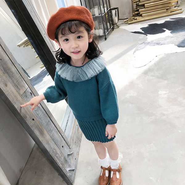 

korean 2020 new girls' sle sweater drs baby's t-shirt children's autumn women's suit two piece set, Blue