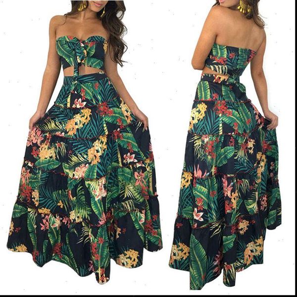 

women print ruffles crop women long skirt 2 piece set for female women summer beach two pieces sets skirts, Gray