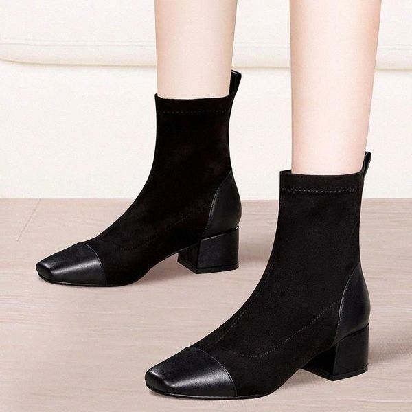

hkxn 2020 autumn new suede sock boots women fashion solid black stretch boots casual square toe ladies short t #a27l