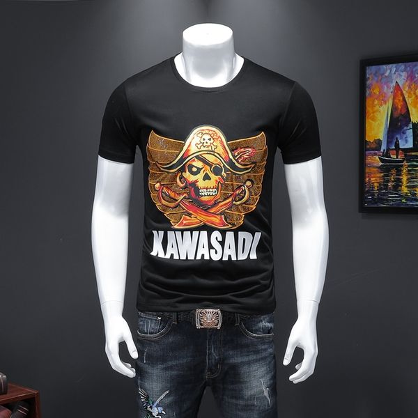 

2020 new spring and summer double mercerized cotton skull print rhinestone men's short-sleeved t-shirt breathable top, White;black