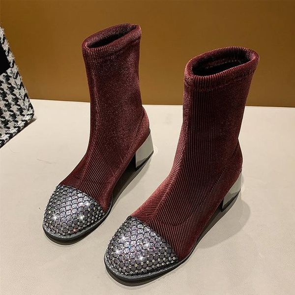

women boots slip-on stretch fabric square heels short boots rhinestone bling fashion ladies shoes female autumn footwear 2020, Black