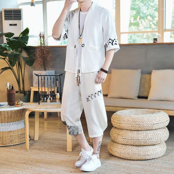 

5xl plus size men kimono shirt+cropped two pieces sets summer japan type streetwear men tracksuit linen clothes for xxxxxl1, Gray