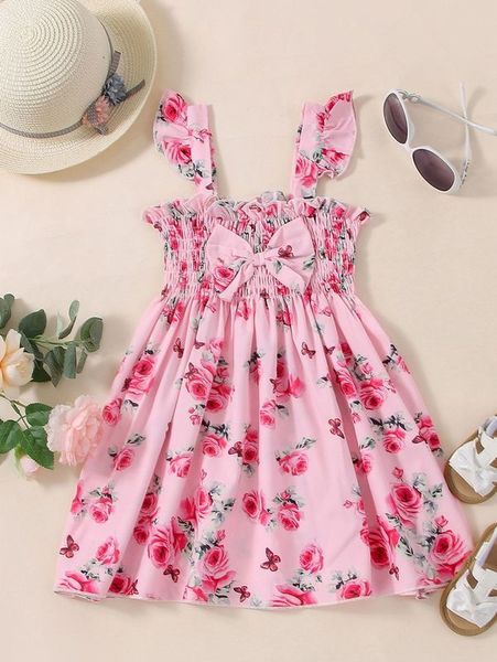 

toddler girls floral print ruffle trim shirred bow front dress she, Red;yellow