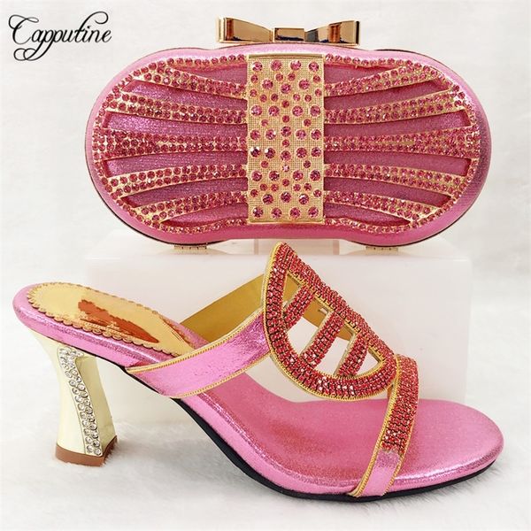 

new design fashion rhinestone slipper shoes and bag set african style woman high heels shoes and bag set for party tx-875 lj200928, Black