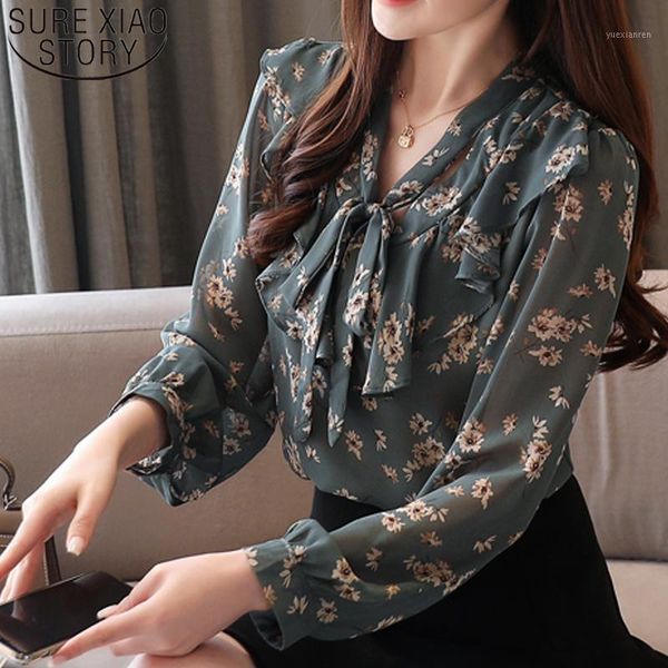 

2020 spring new korean loose ruffle bow blouse women long sleeve v-neck elegant print chiffon shirt blusas mujer de moda 8907 501, White