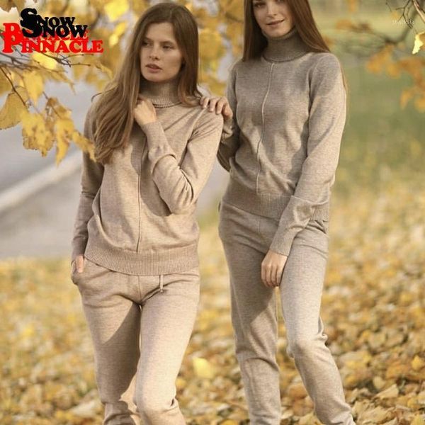 

women knitted suit and sets turtleneck pullovers + long pants 2pcs track suits for winter woman knitted trousers+jumper suits1, White