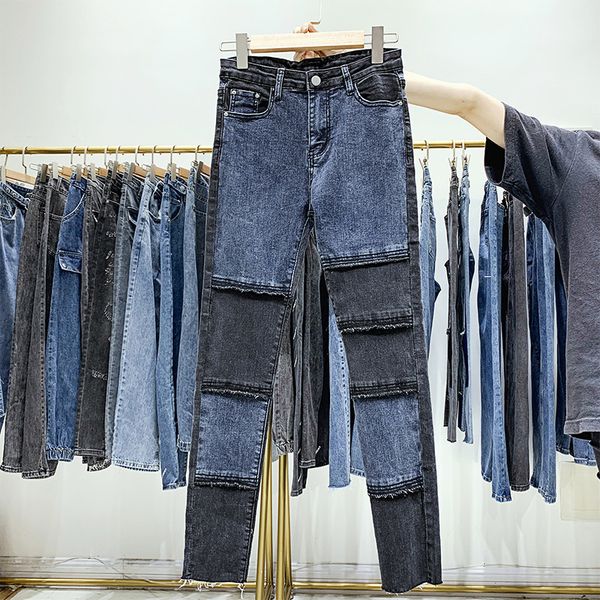 

[ewq]korean fashion ladies stitching long ladies denim trousers leisure women pencil pants high waist patchwork trousers ql104 201105, Blue