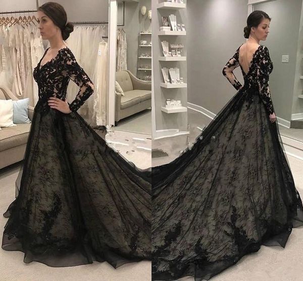 

vintage black lace gothic wedding dresses 2021 v neck long sleeves lace appliques beaded arabic bridal gowns a line backless vestidos al8552, White