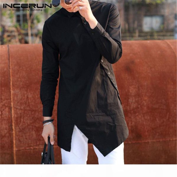 

incerun 2020 мужчины нерегулярные рубашки отворота кнопка с длинным рукавом шикарный твердый цвет camisa модные платья рубашки тонкие длинны, White;black