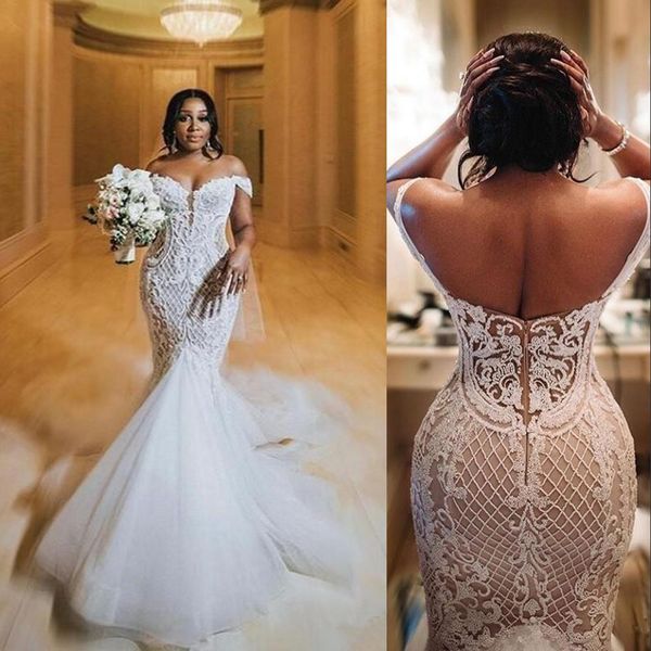 

2022 arabic mermaid wedding dresses bridal gowns off shoulder illusion pearls crystal beading open back plus size vestidos de noiva, White