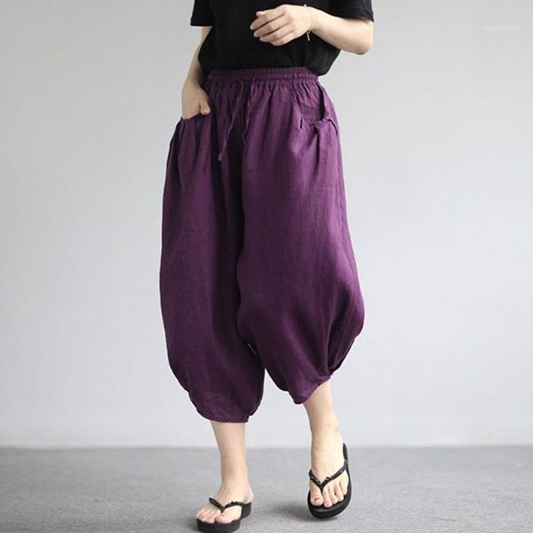 

women's pants & capris johnature 2021 summer leisure pockets elastic waist ankle-length loose comfortable all-match 5 color women harem, Black;white