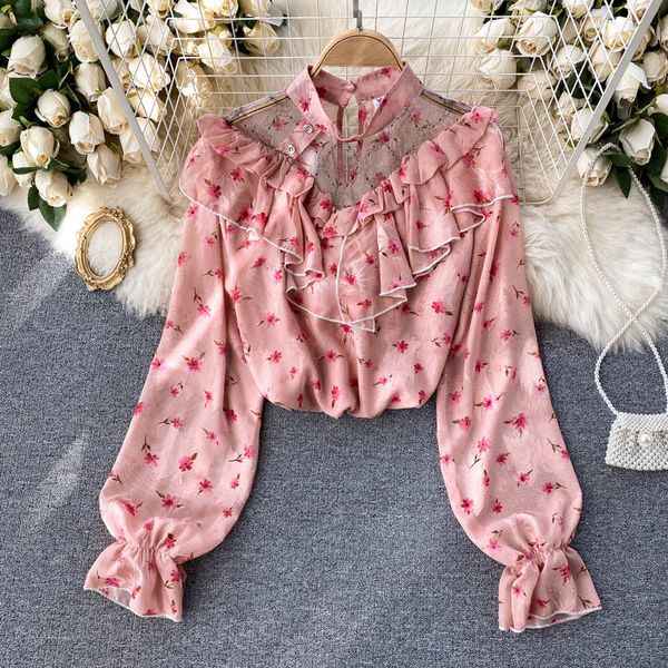 

2021 new female singreiny floral boho blouse design turtleneck patched mesh frown sweet autumn printing streetwear blouses hj6w, White
