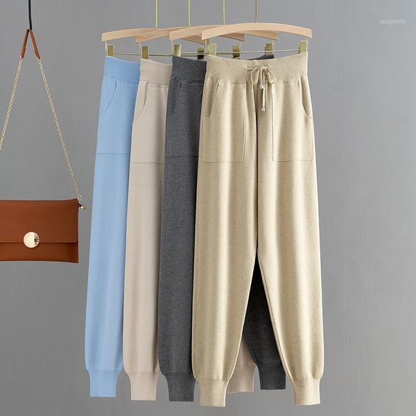 

gigogou knitted high waist women crop harem trousers solid peg leg pants casual drawstring winter warm workwear carrot pants1, Black;white