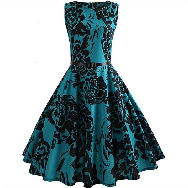 

floral print summer dress women vintage elegant swing rockabilly party dresses plus size casual midi tunic runway dress, Black;gray