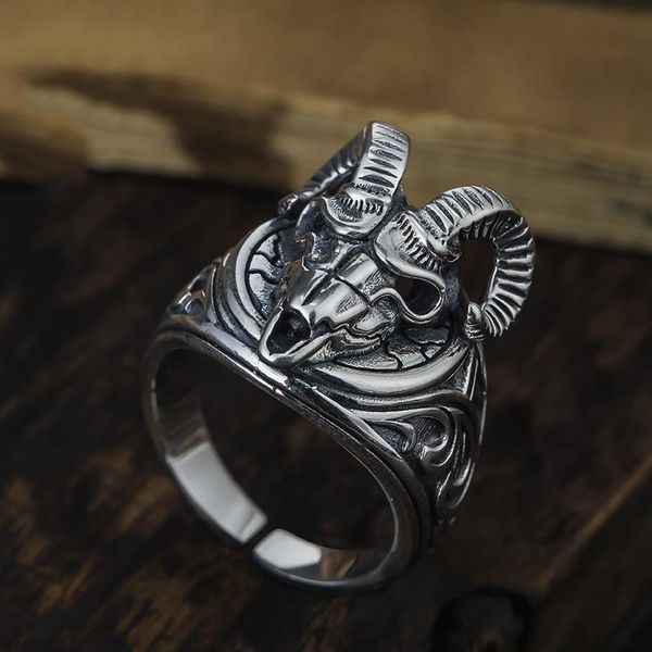 

s925 sterling silver jewelry pentagram sheephead ring for men vintage thai silver animal ring punk rock style jewelry, Golden;silver